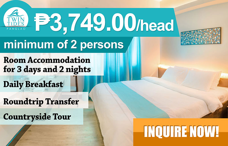 Enjoy Panglao with our 3,749/head promo. Inclusive of Room Accomodation for 3 Days and 2 Nights, Daily Breakfast, Roundtrip Transfer and Countryside Tour